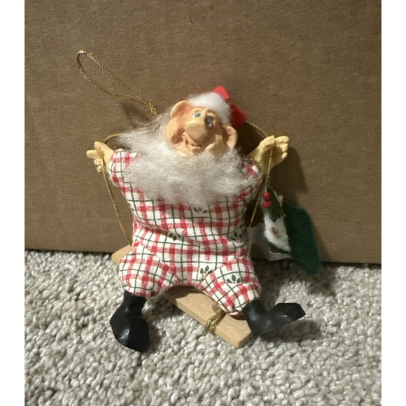 Russ Other - VTG RUSS BERRIE CHRISTMAS COUNTRY FOLK KATHLKEEN KELLY ORNAMENT - ELF ON SWING